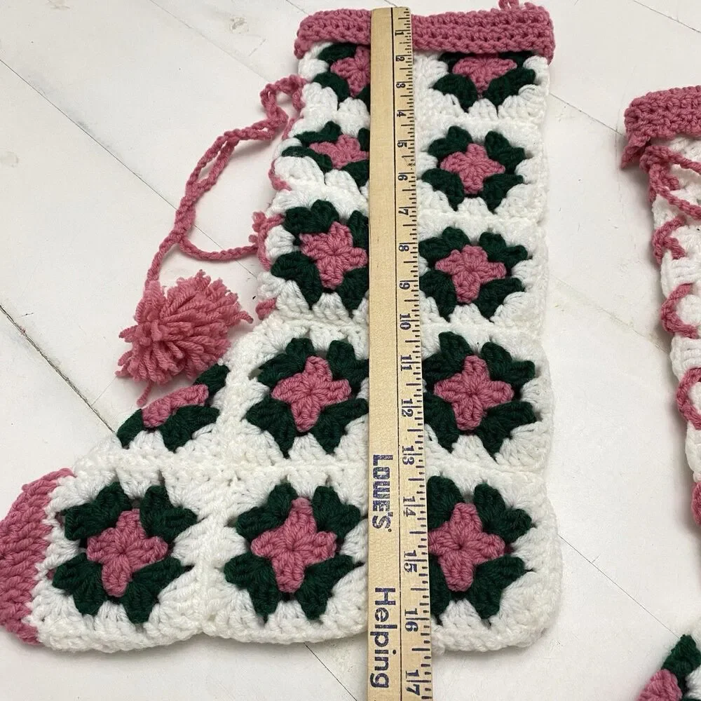 Vtg Handmade Lot of 3 Crochet Granny Square Christmas Stockings Green Pink White